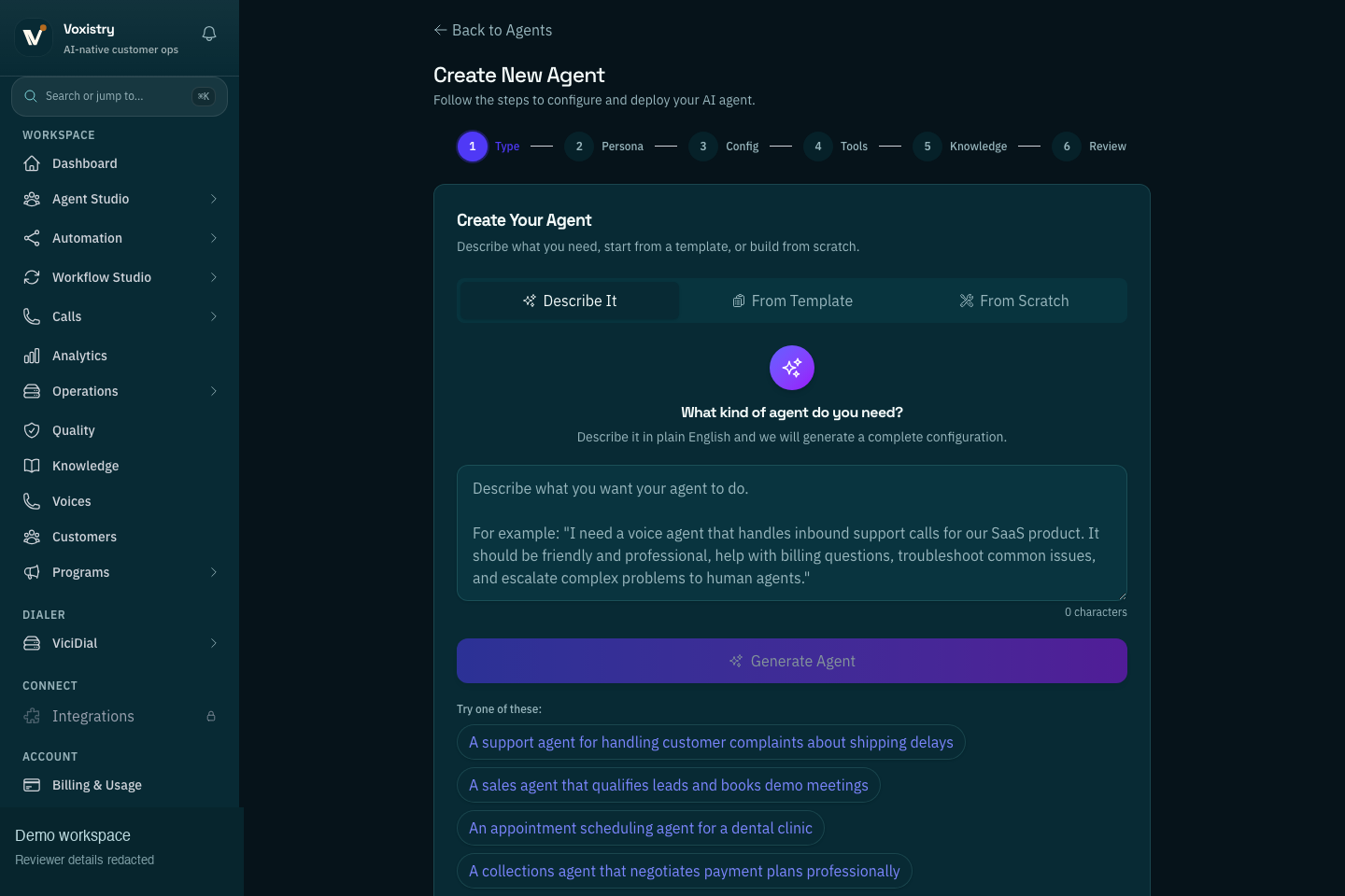 Reviewed Voxistry Agent Studio capture showing the guided create-agent flow with persona, configuration, tools, knowledge, and review steps