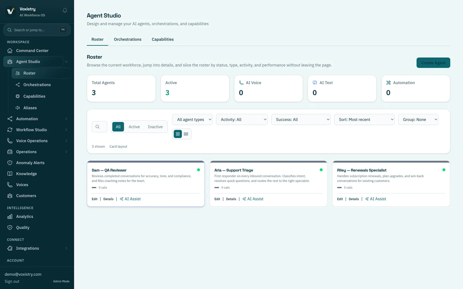 Agent Studio roster capture with named specialist workers, role descriptions, and workforce filters