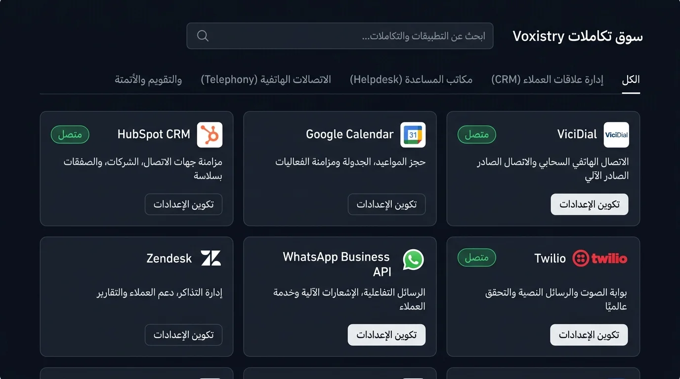 Voxistry Integrations marketplace capture showing CRM, helpdesk, calendar, communication, and automation connectors