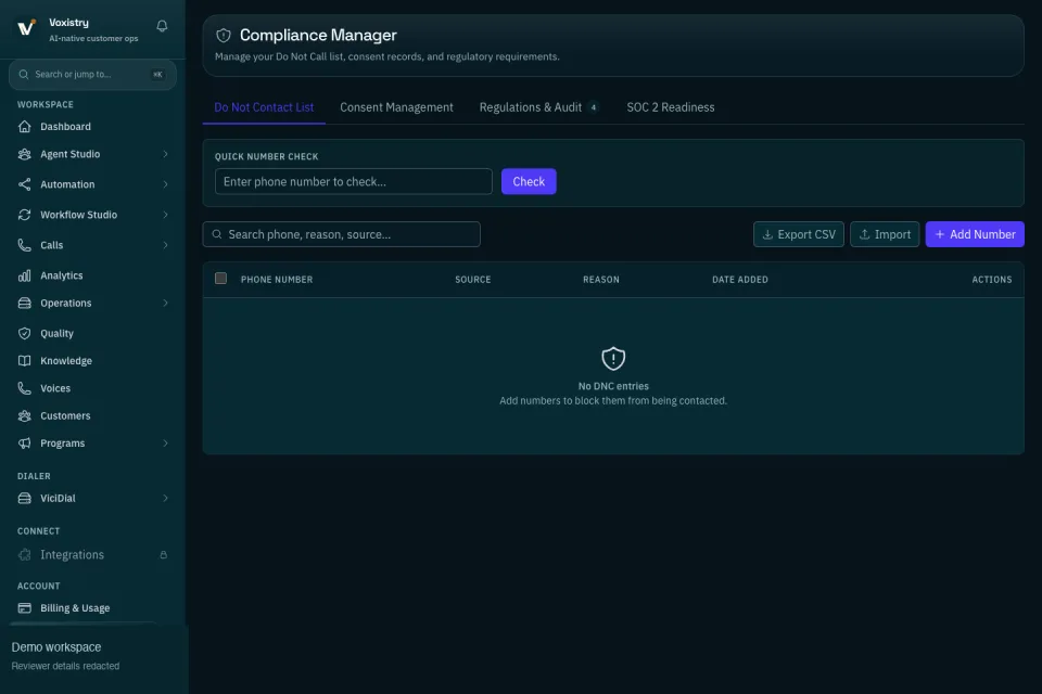 Voxistry Compliance Manager capture showing DNC list, consent management, regulations, audit, and SOC 2 readiness tabs