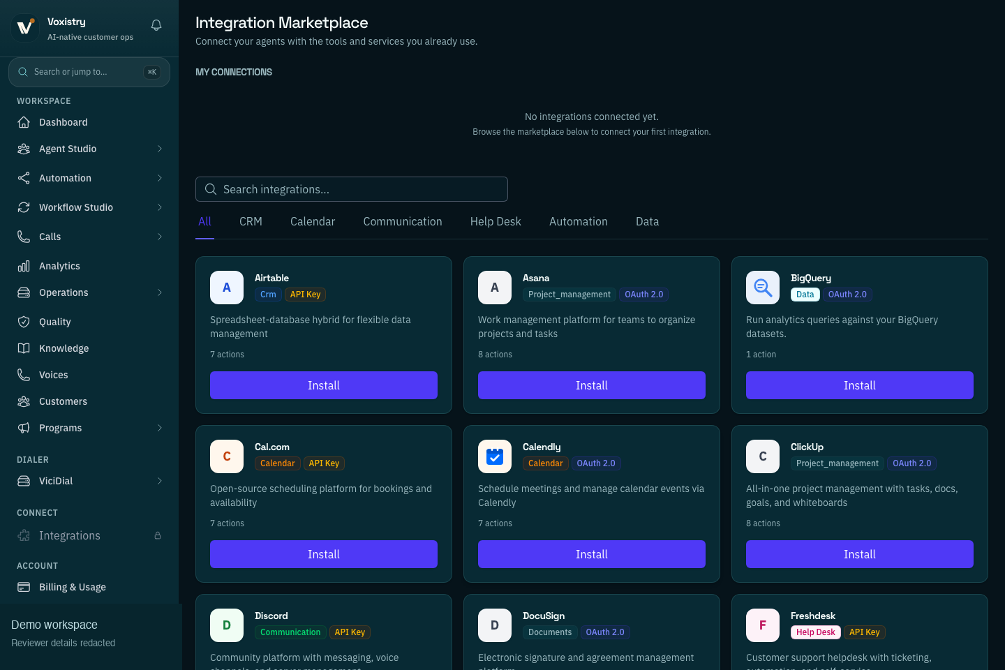 Reviewed Voxistry Integrations marketplace capture showing CRM, helpdesk, calendar, communication, and automation connectors
