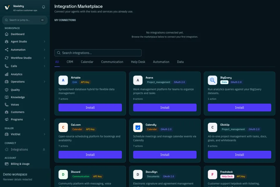 Voxistry Integrations marketplace capture showing CRM, helpdesk, calendar, communication, and automation connectors
