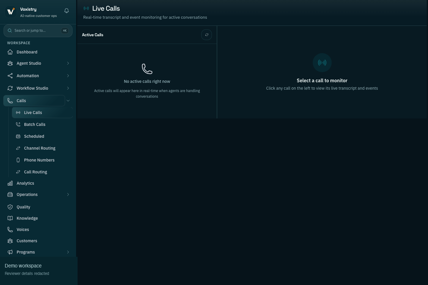 Reviewed Voxistry Voice Operations capture showing live call monitoring panes for active conversations and transcript supervision