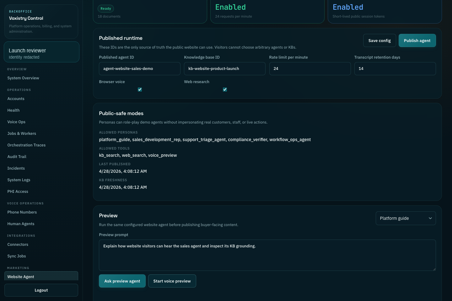 Reviewed Voxistry Backoffice Website Agent capture showing published agent, KB, public-safe personas, web research, and voice preview controls