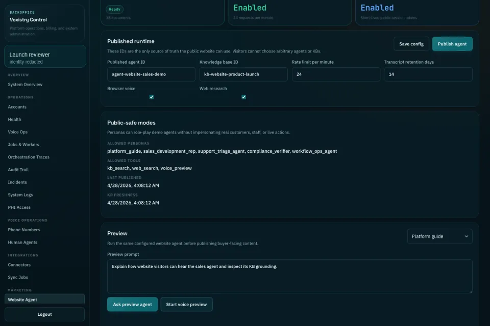 Voxistry Backoffice Website Agent capture showing published agent, KB, public-safe personas, web research, and voice preview controls