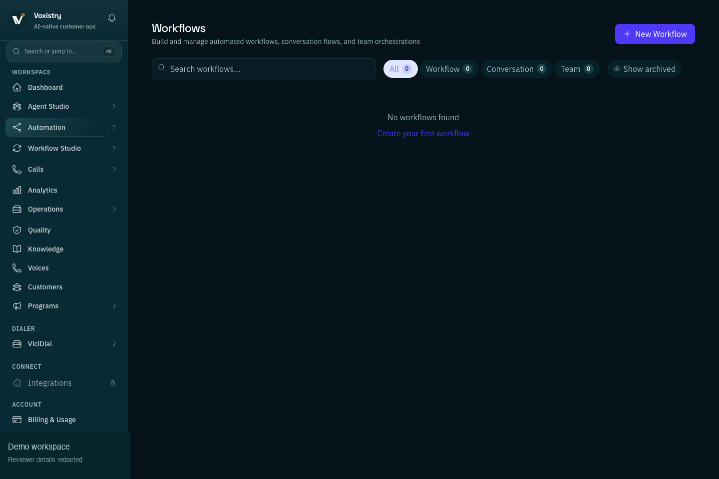 Reviewed Voxistry Workflow Studio capture showing workflow search, filters, and new workflow creation controls